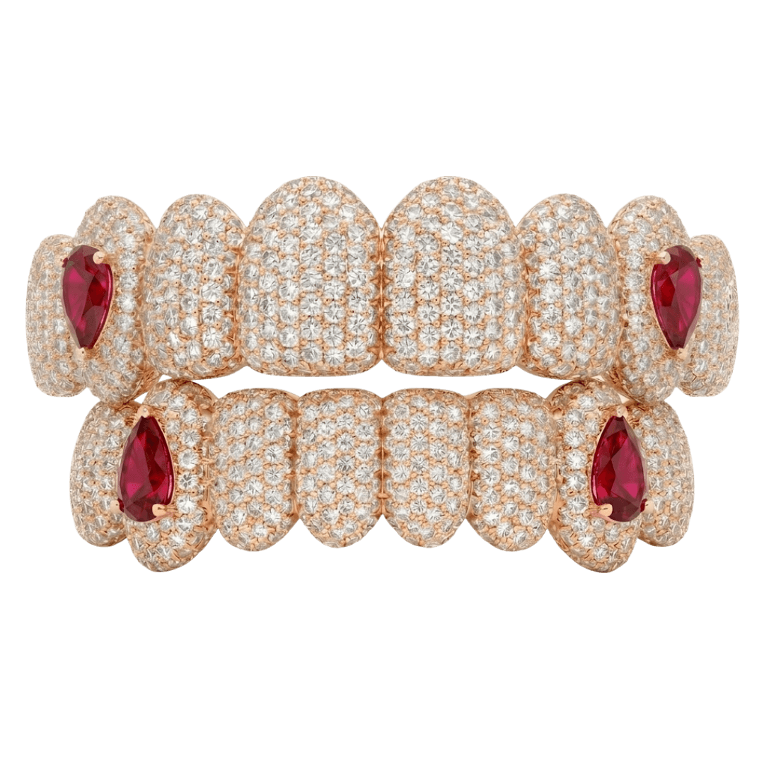 Rose gold top and bottom grills in diamond pave with pear-cut ruby accents
